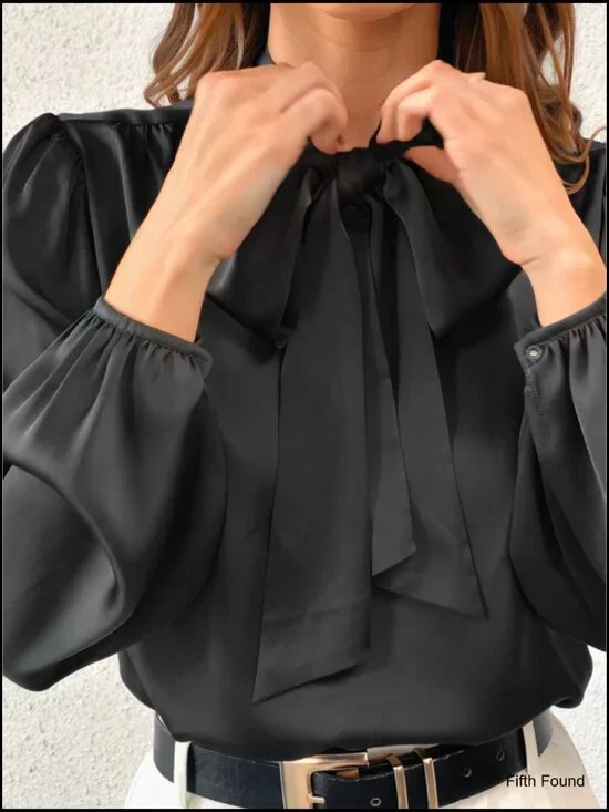 Long Sleeve Satin Blouse with Bow Tie High Neck Dressy Casual Top - Picture 7 of 7